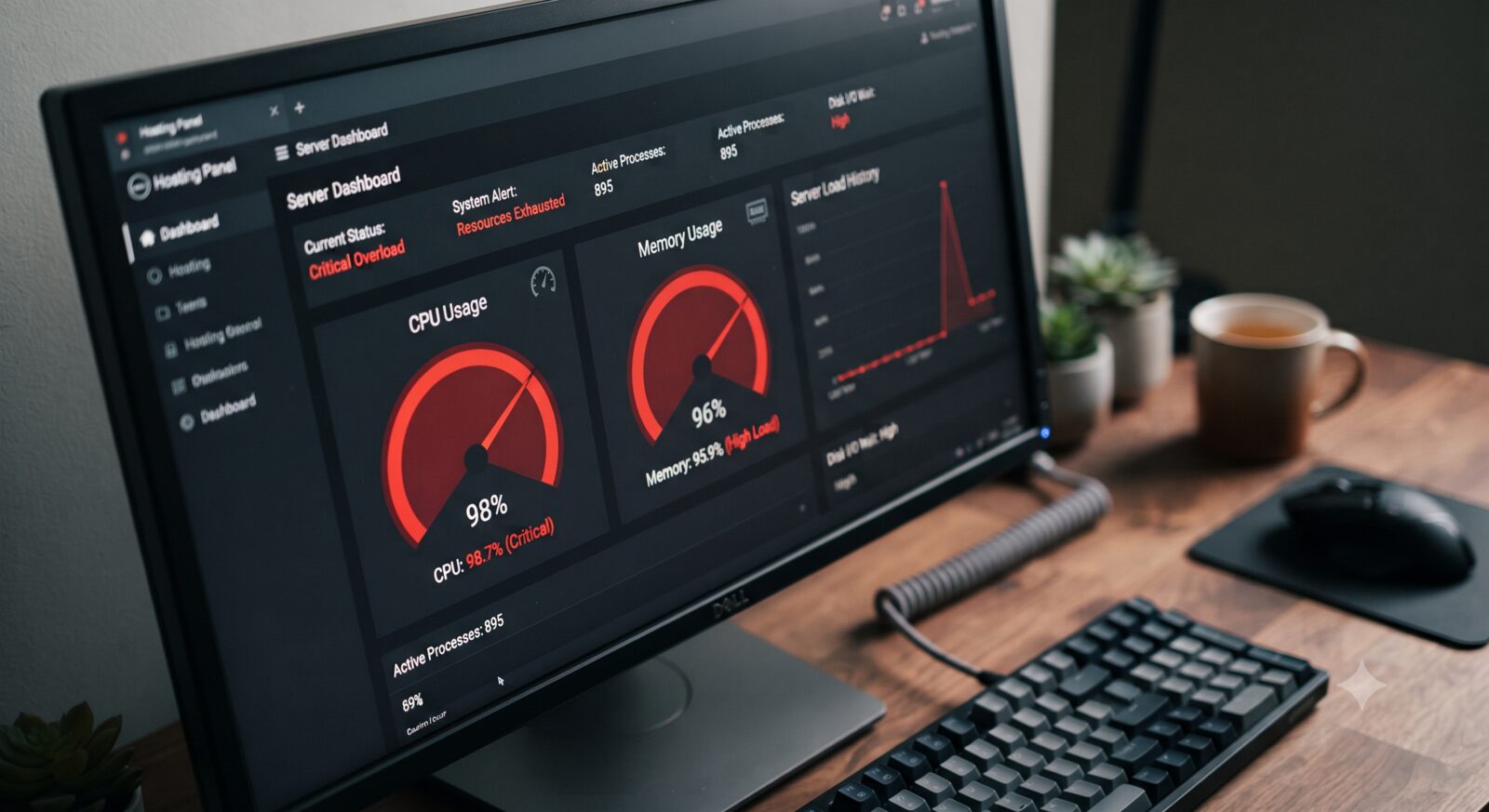 Hosting control panel showing CPU and memory usage maxed out