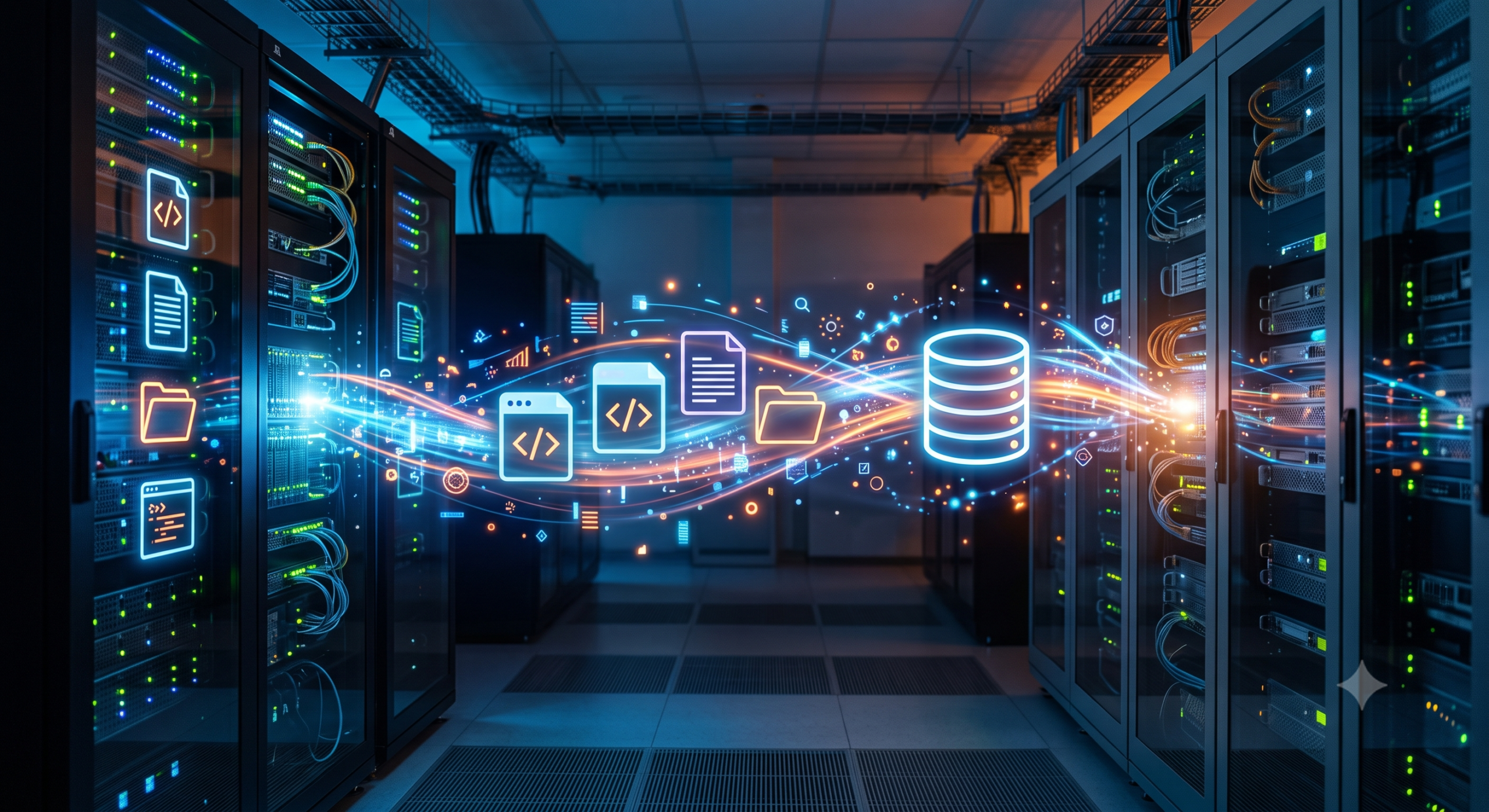 Abstract illustration of website files and database migrating between two server racks