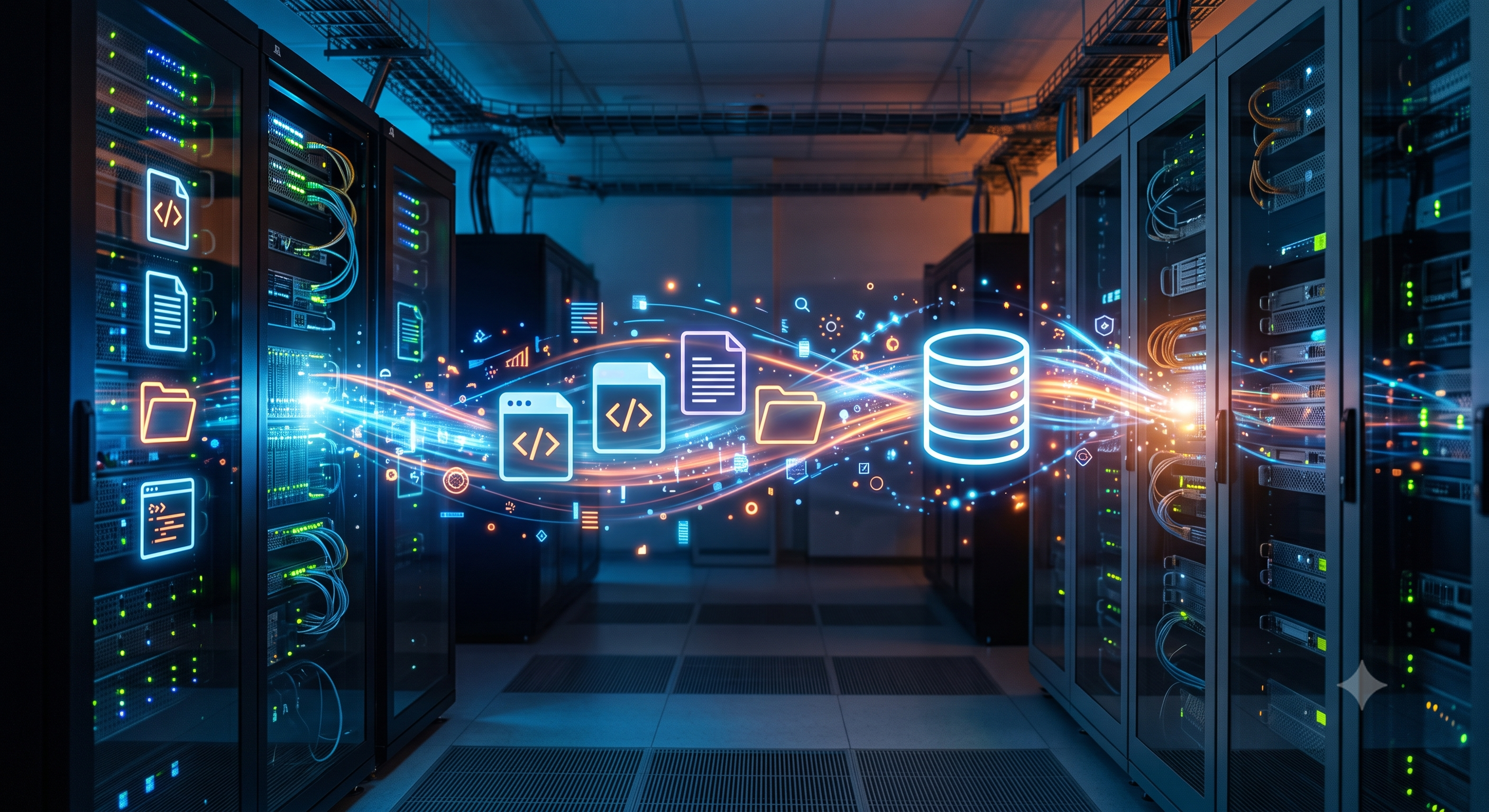 Abstract illustration of website files and database migrating between two server racks