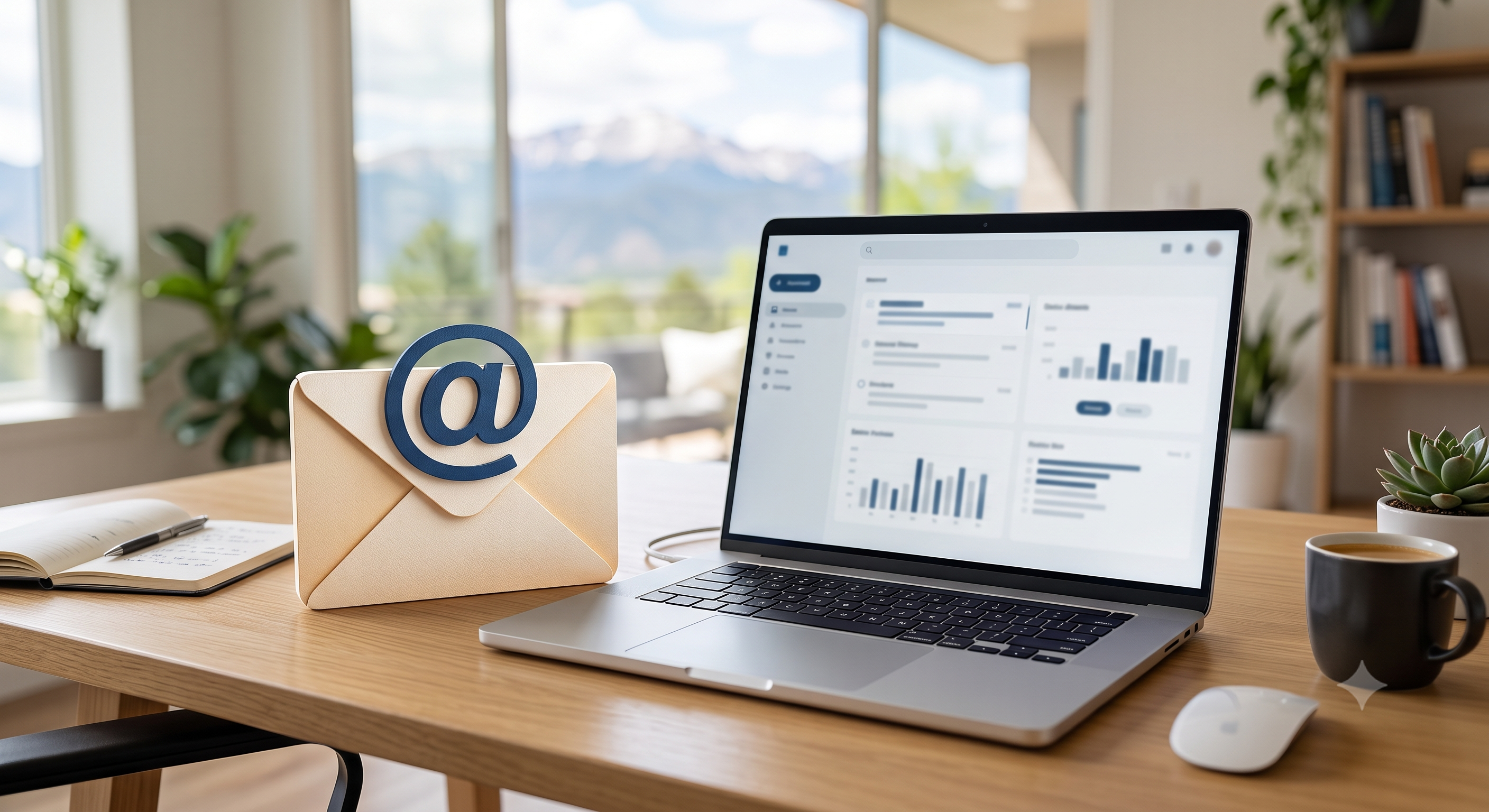 Envelope icon with at-symbol next to a laptop representing custom domain email hosting