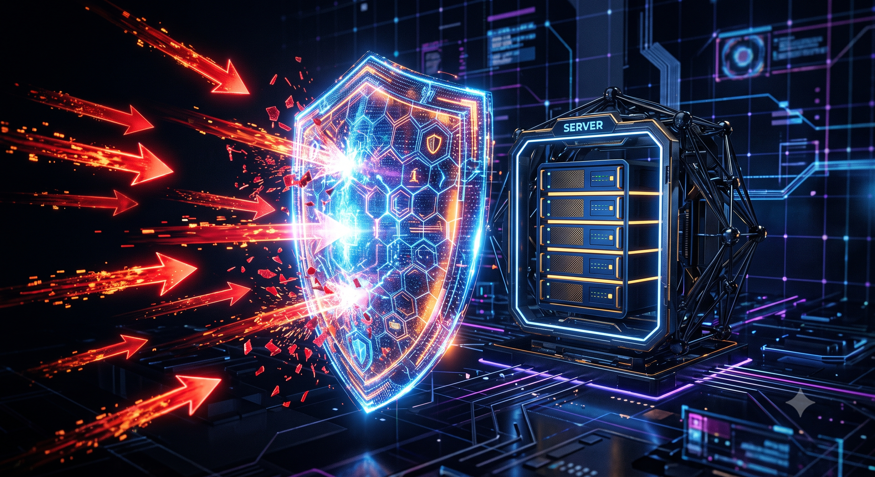 Abstract firewall shield blocking multiple red incoming connection arrows from reaching a server