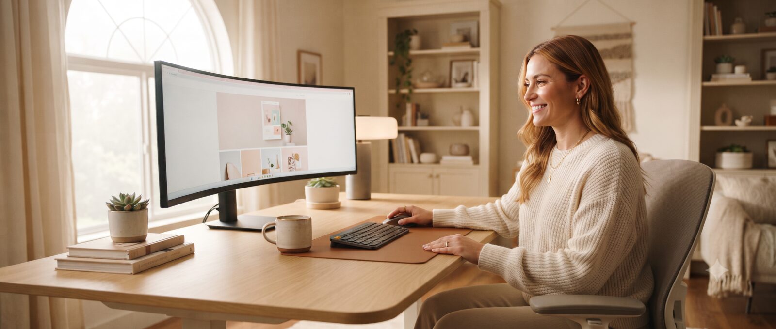 Person checking a fast-loading website at a bright home office desk