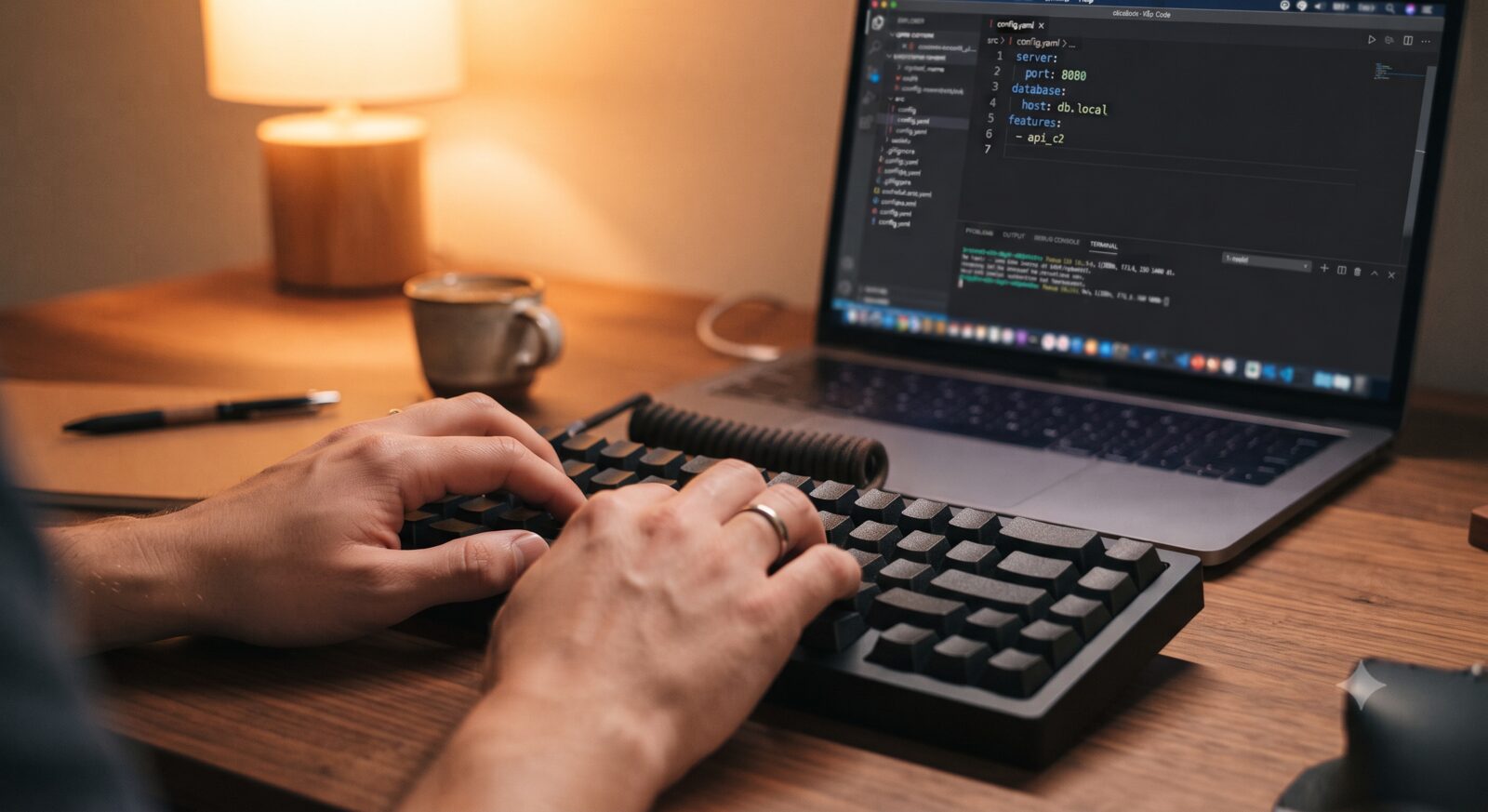 Hands typing with a terminal and config file open