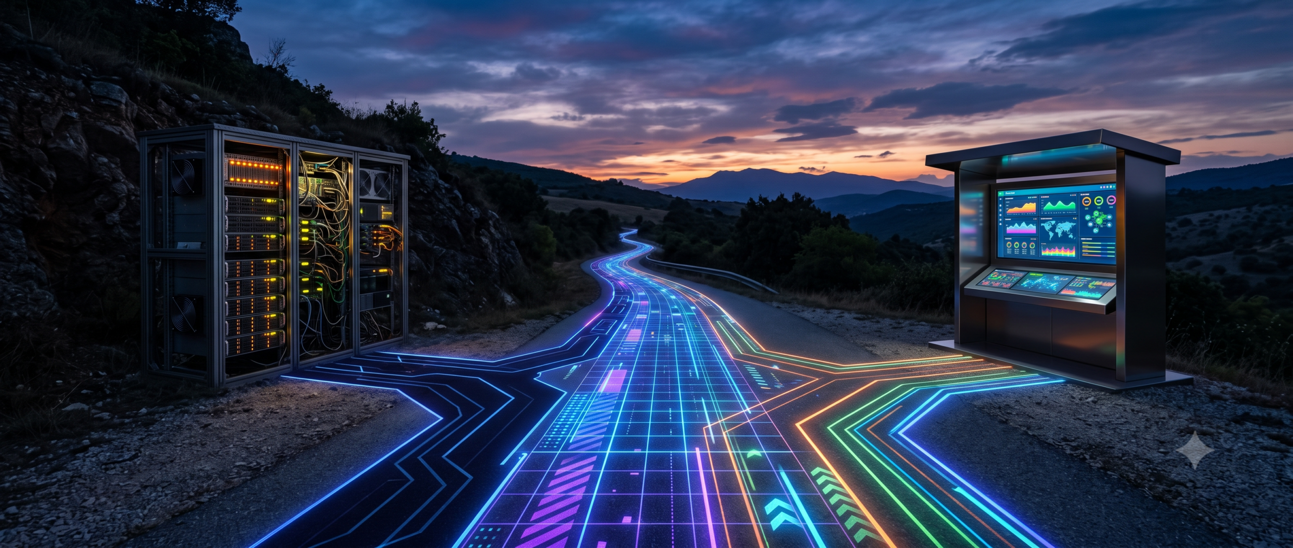 A fork in a glowing digital road with one path leading to a raw server rack and the other to a friendly control panel dashboard