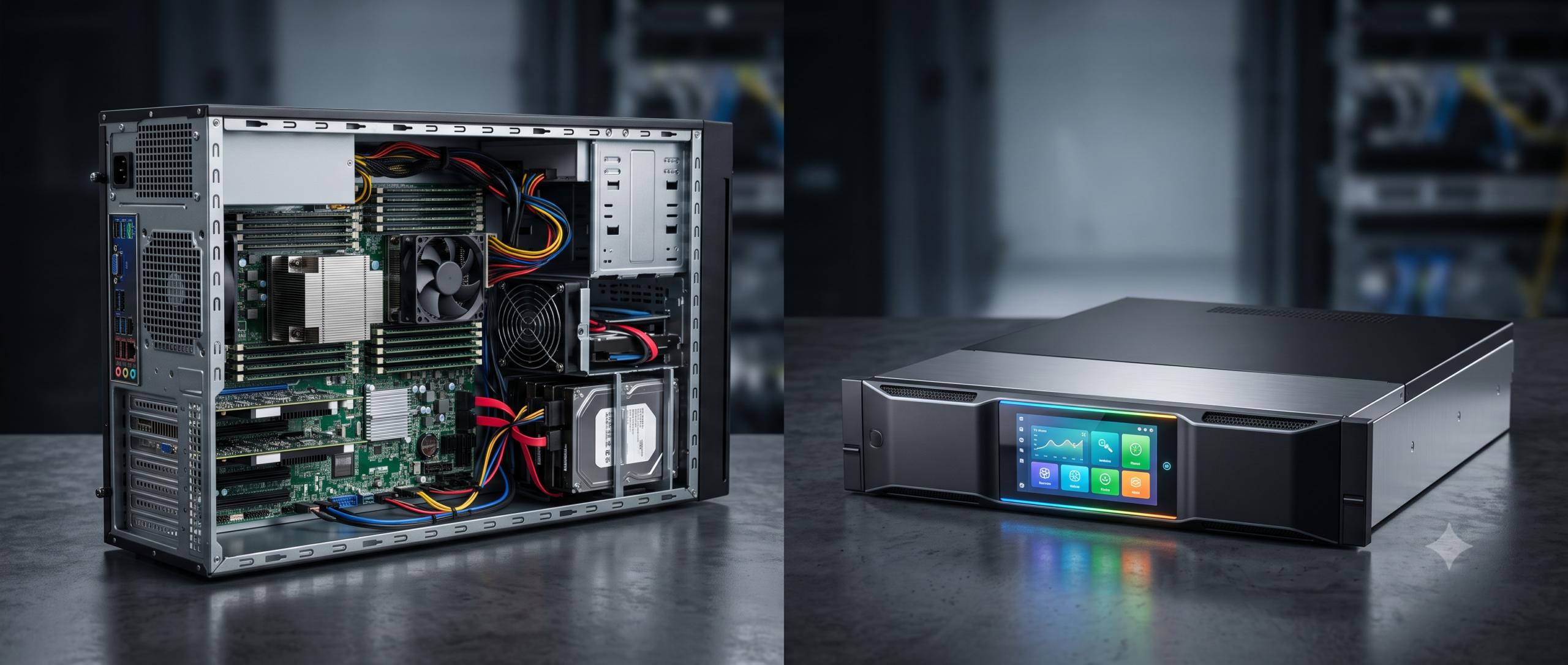 Side by side comparison of a bare metal server chassis and a sleek managed hosting appliance with a friendly interface panel