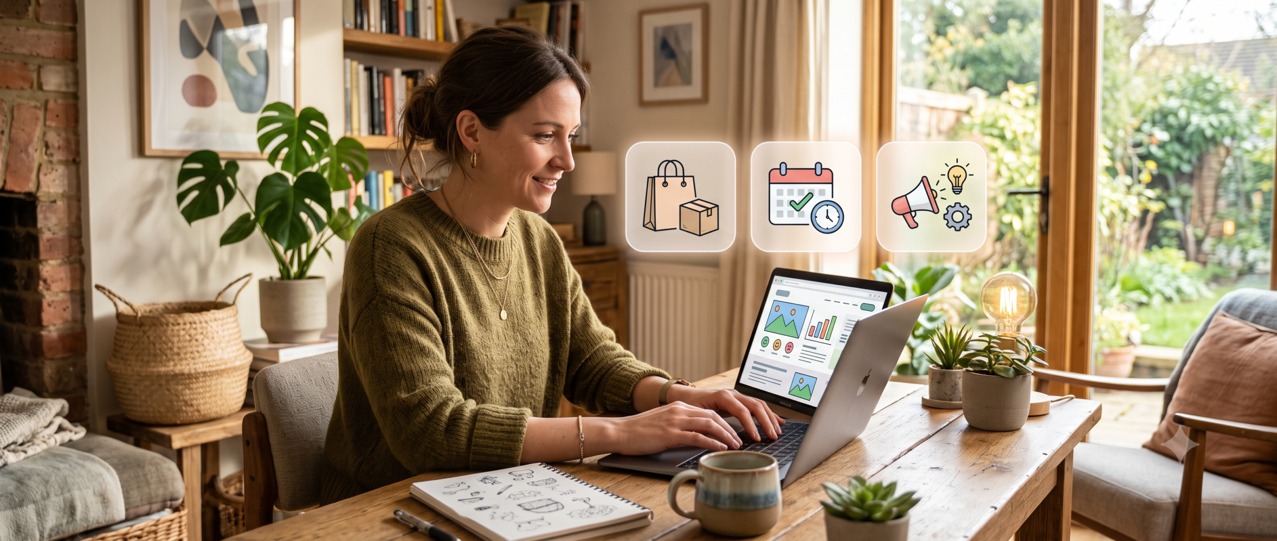 Small business owner working at a laptop in a home office with icons representing different website hosting scenarios