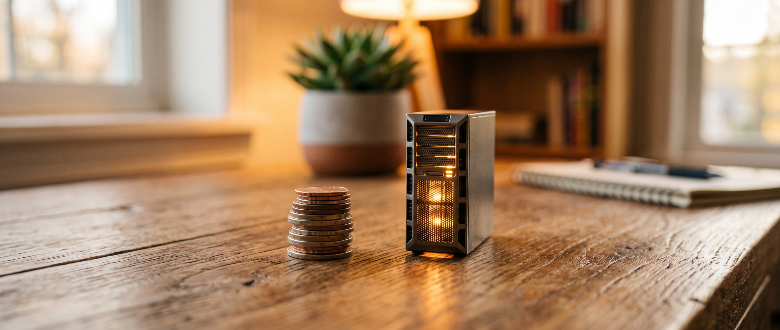 A small stack of coins next to a miniature glowing server tower representing an affordable budget VPS