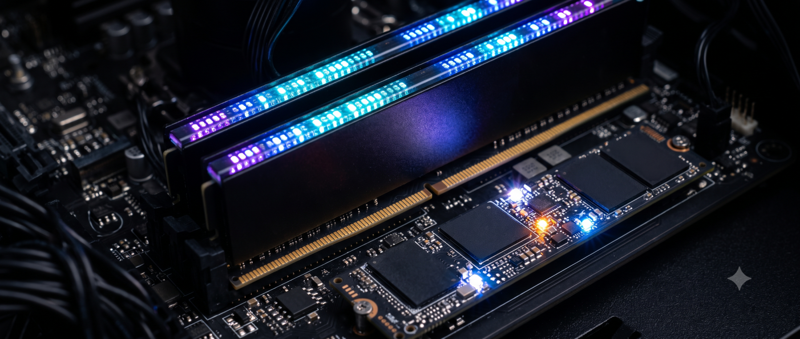 Macro close-up of RAM memory sticks and an SSD chip glowing with data activity lights