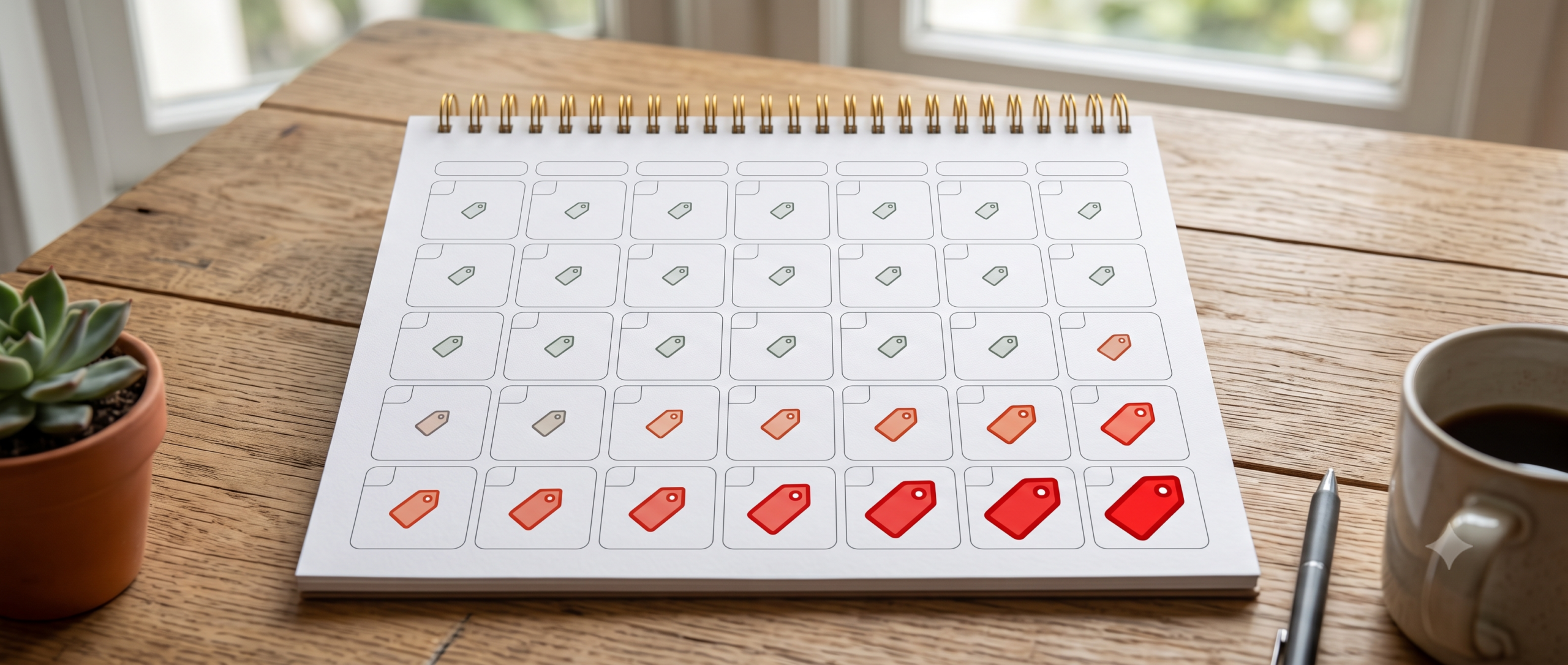A calendar with a price tag icon that grows larger and turns red further down the page representing a renewal price increase trap