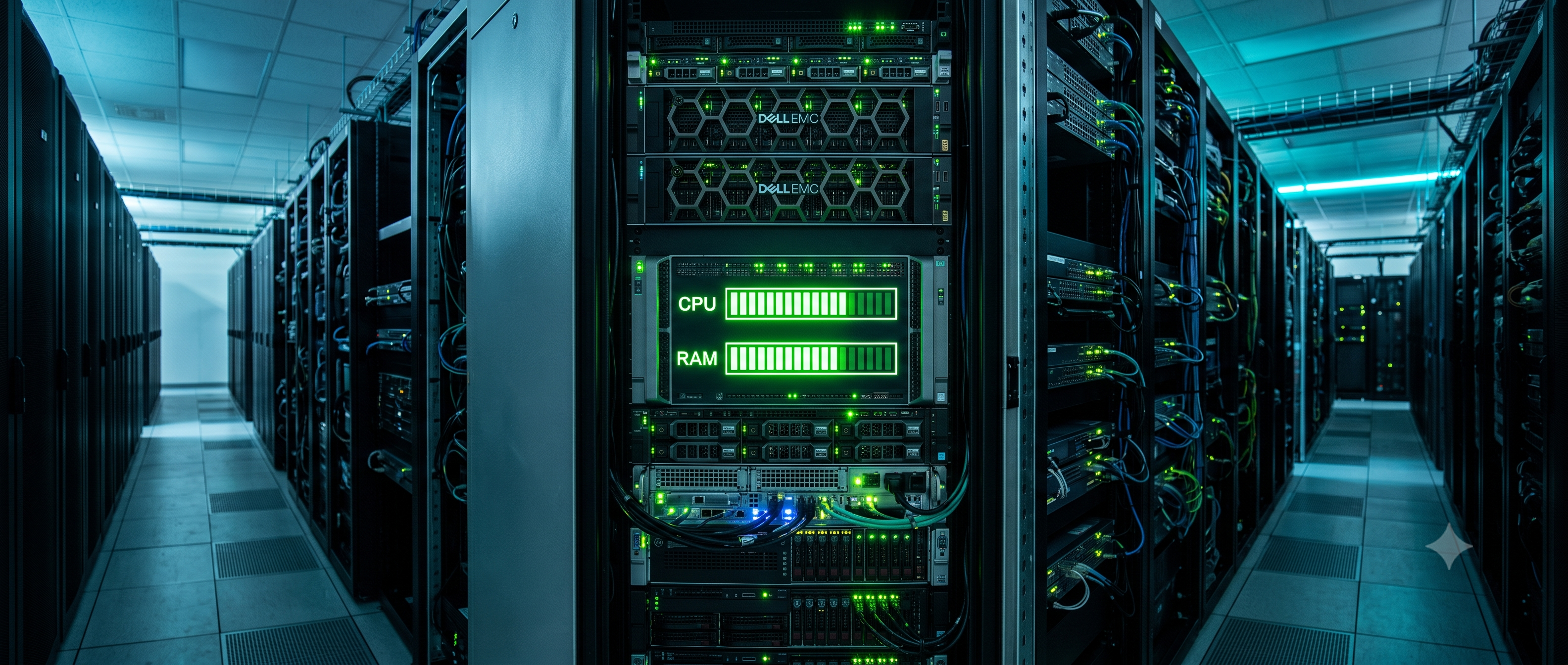 Data center server rack with glowing green resource gauges showing generous CPU and RAM allocation
