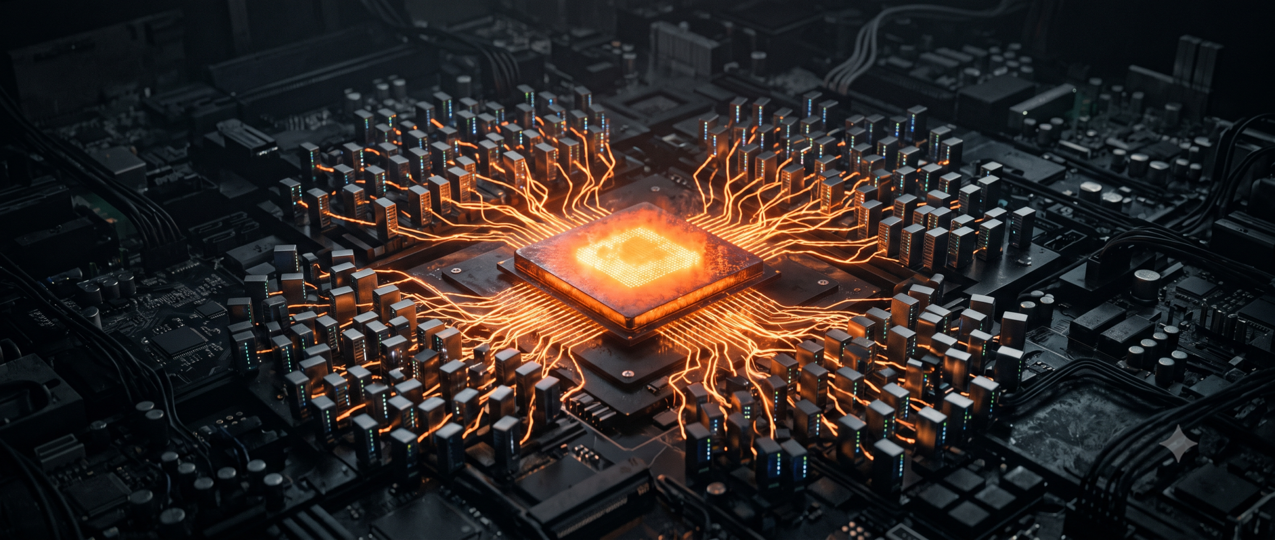 Abstract illustration of a glowing CPU chip representing shared resource contention on budget VPS hosting