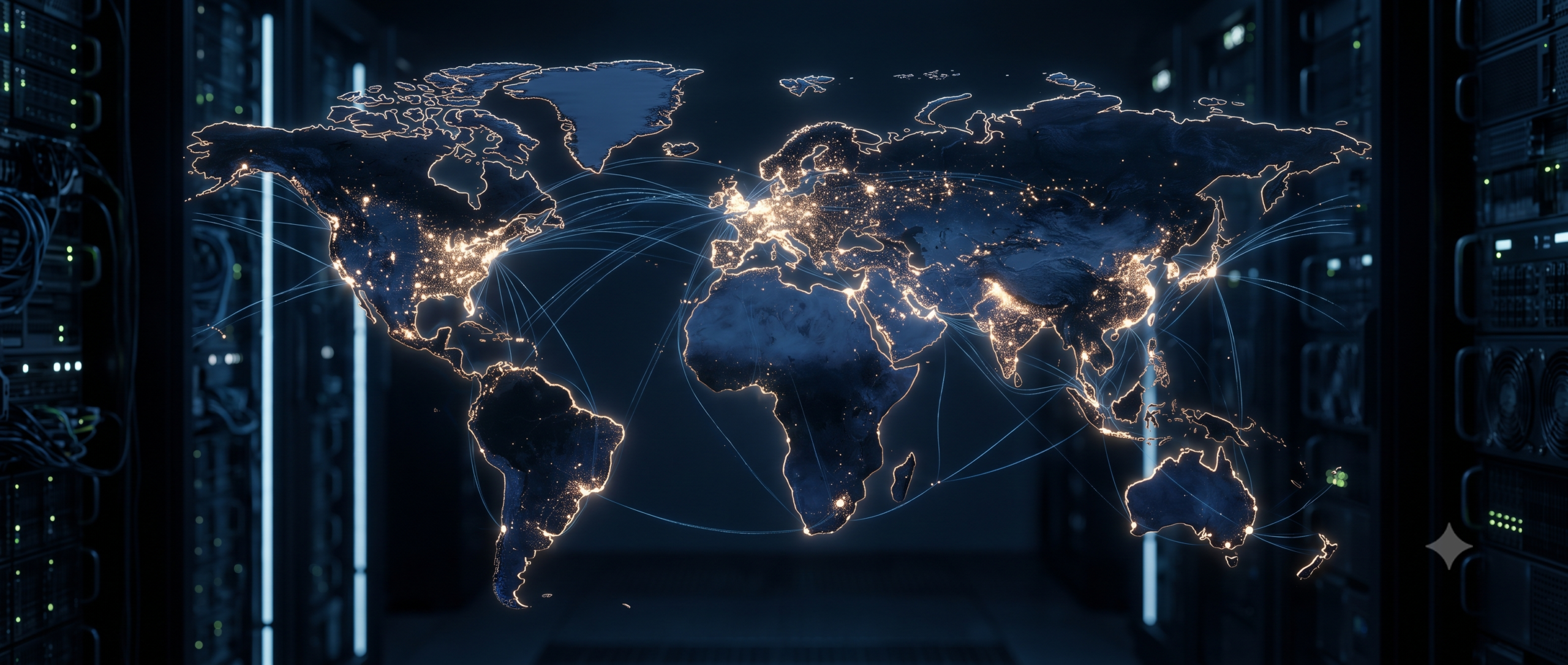 Glowing world map showing data center locations across Europe, North America, Asia, and Australia