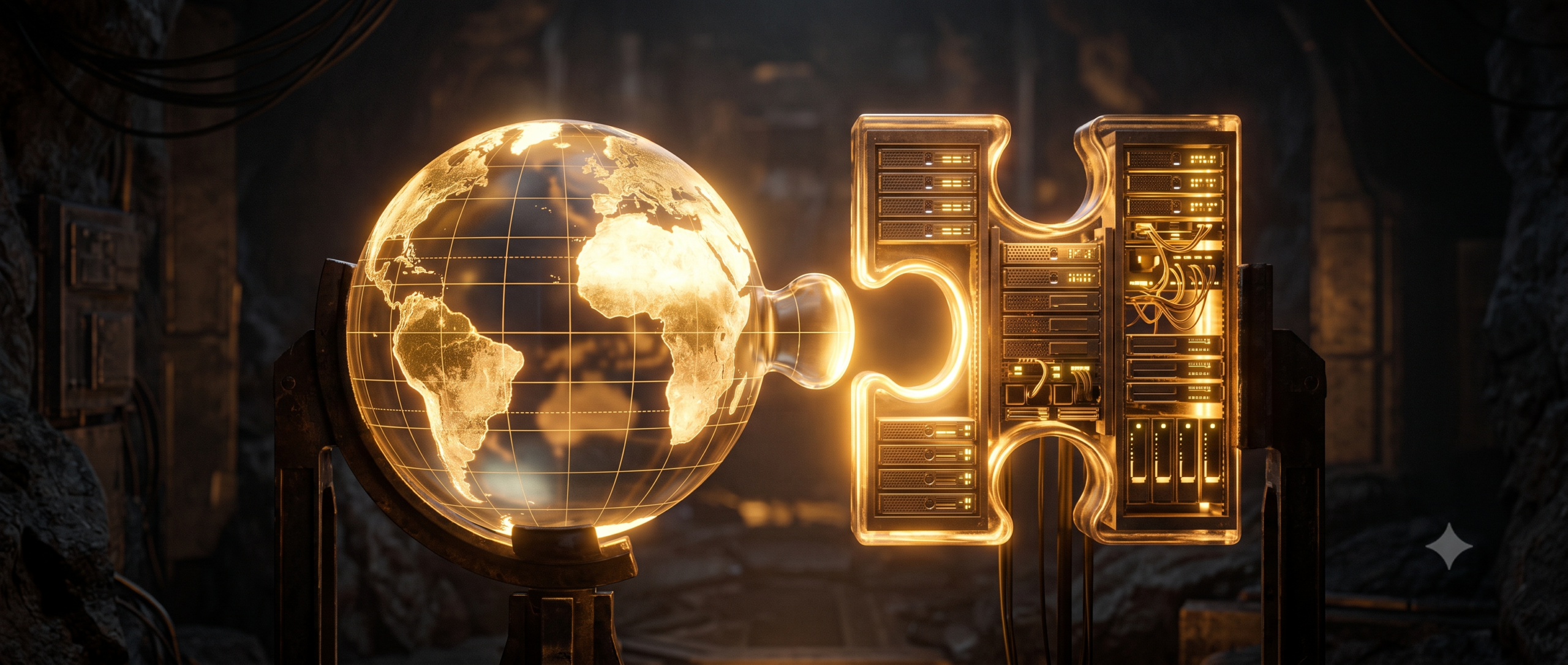 Two glowing puzzle pieces, a globe and a server, fitting together representing a bundled domain and hosting package