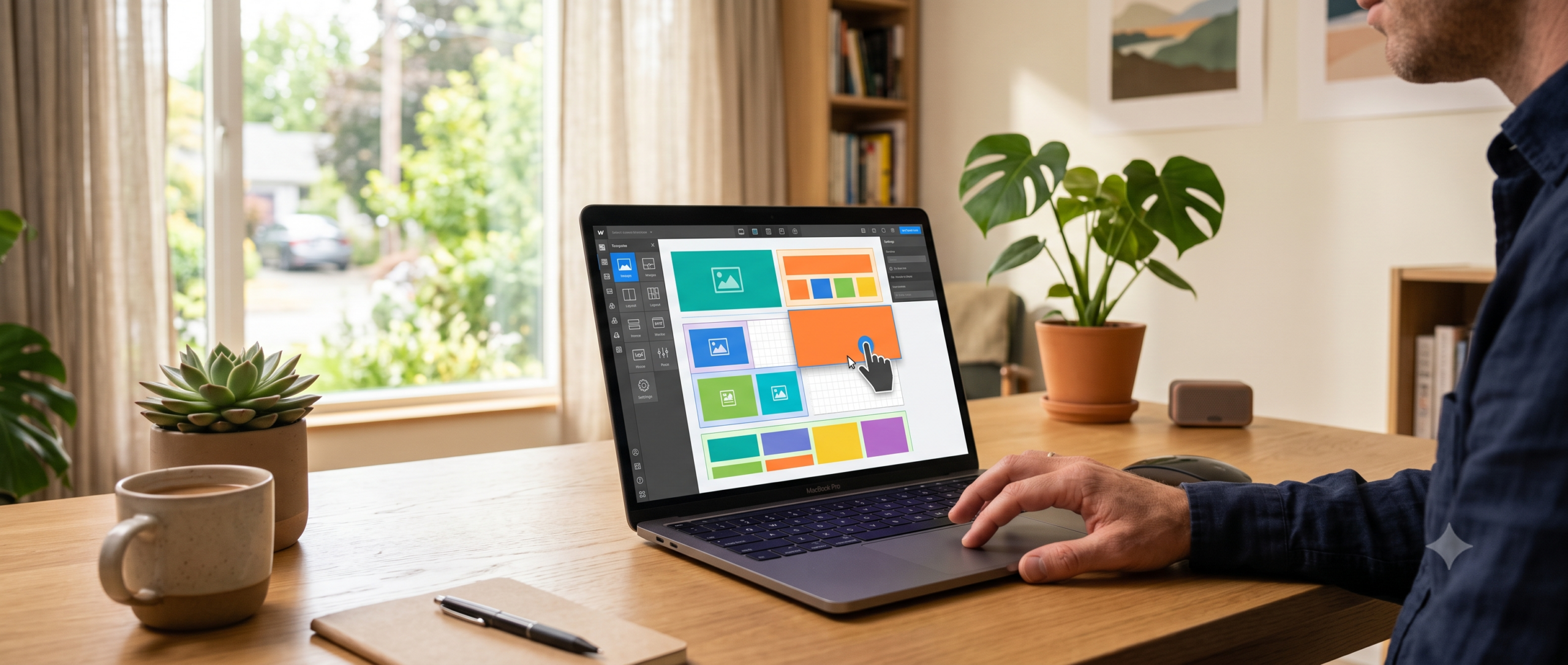 Laptop screen showing a drag and drop website builder interface with colorful layout blocks