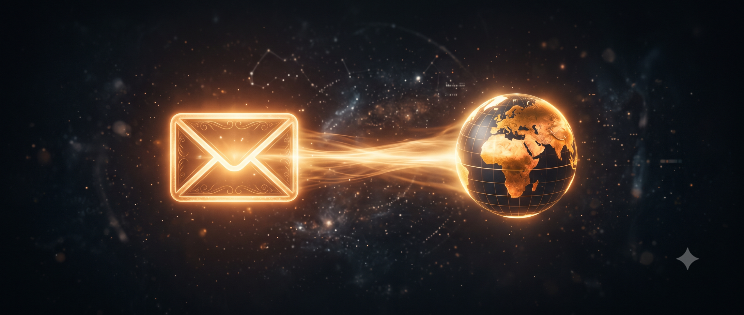 Glowing envelope connected to a globe representing professional email hosting tied to a website domain