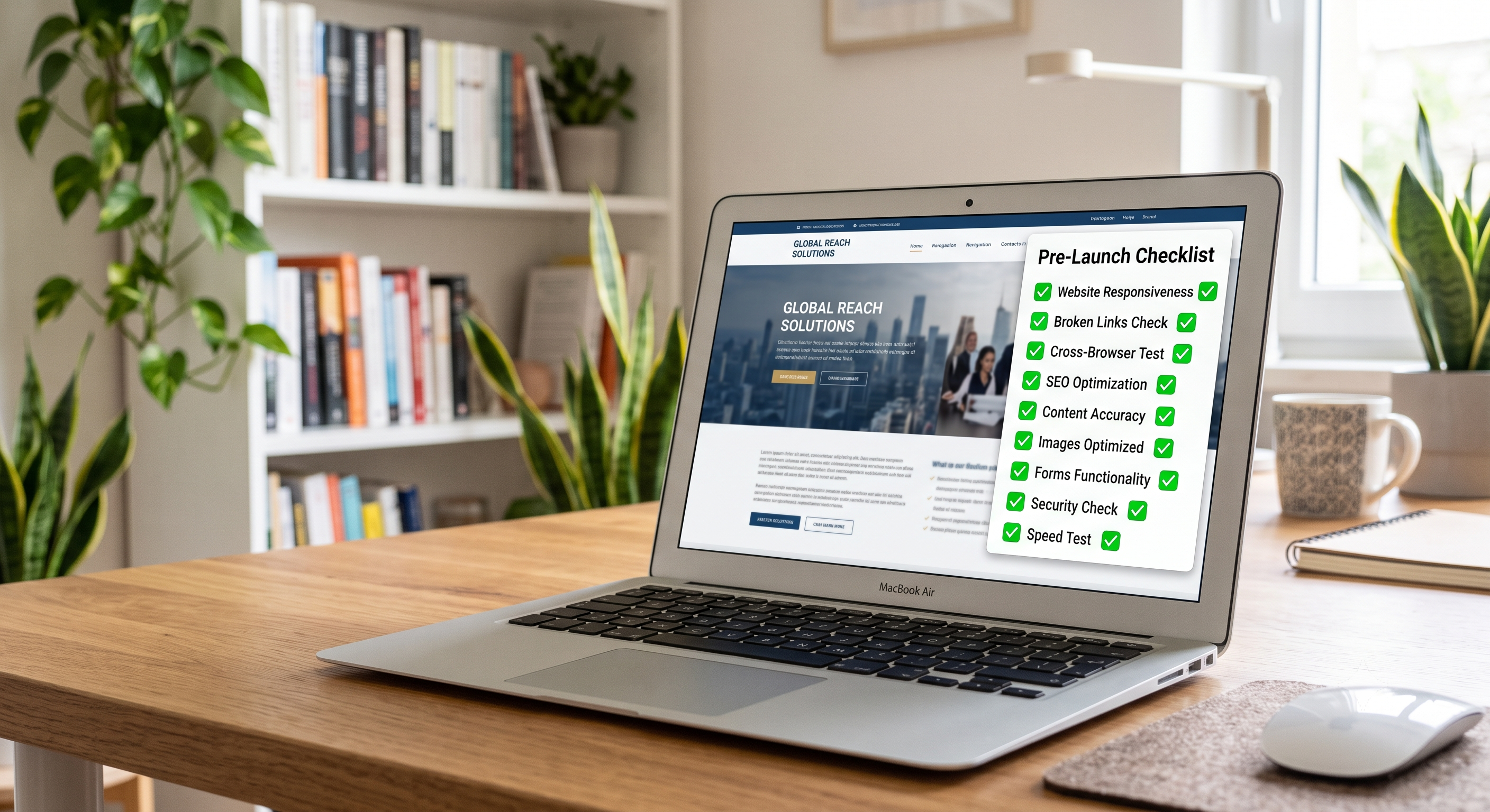 Laptop showing a website preview with a pre-launch testing checklist
