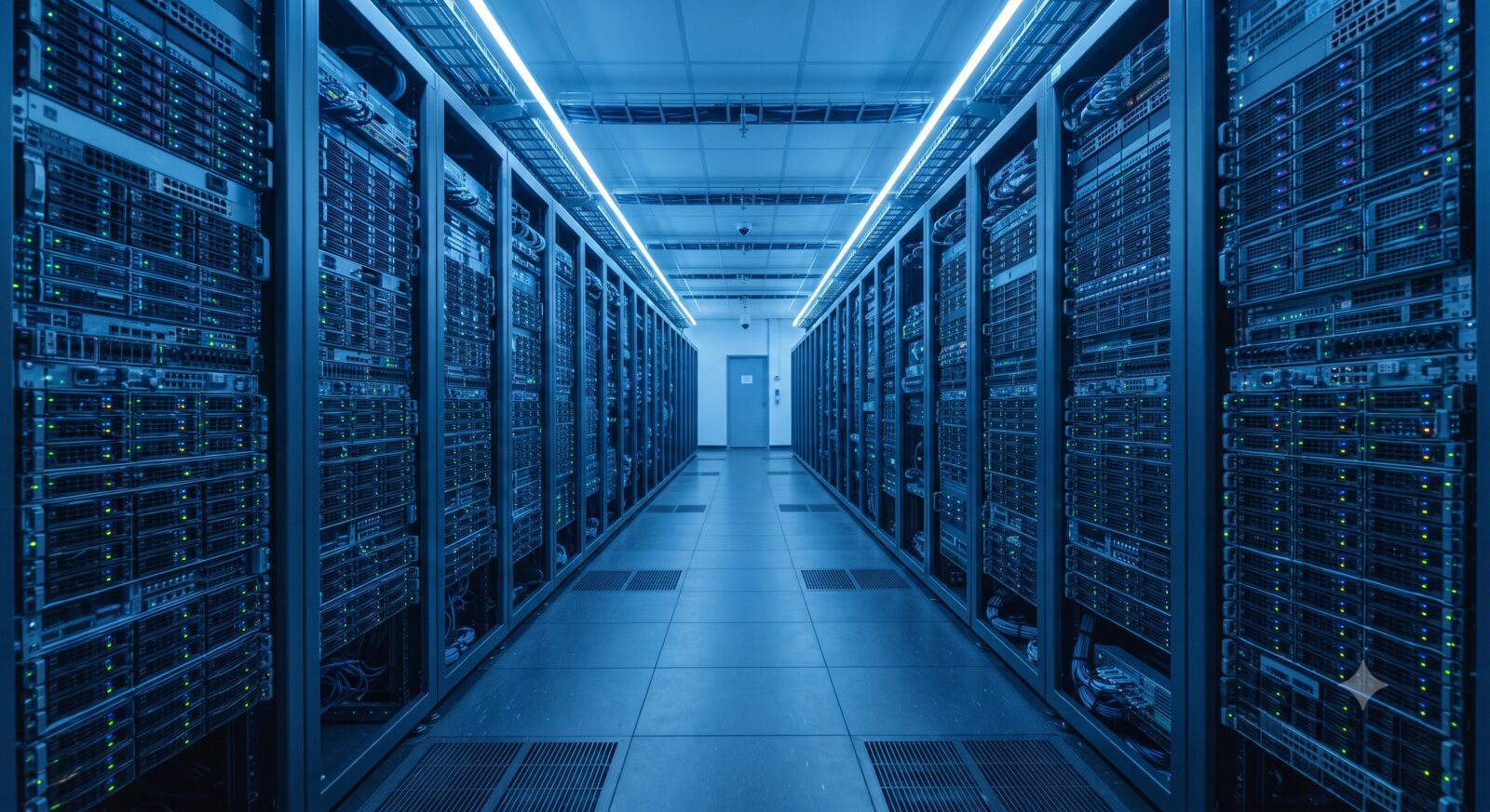 Data center server rack aisle with status lights