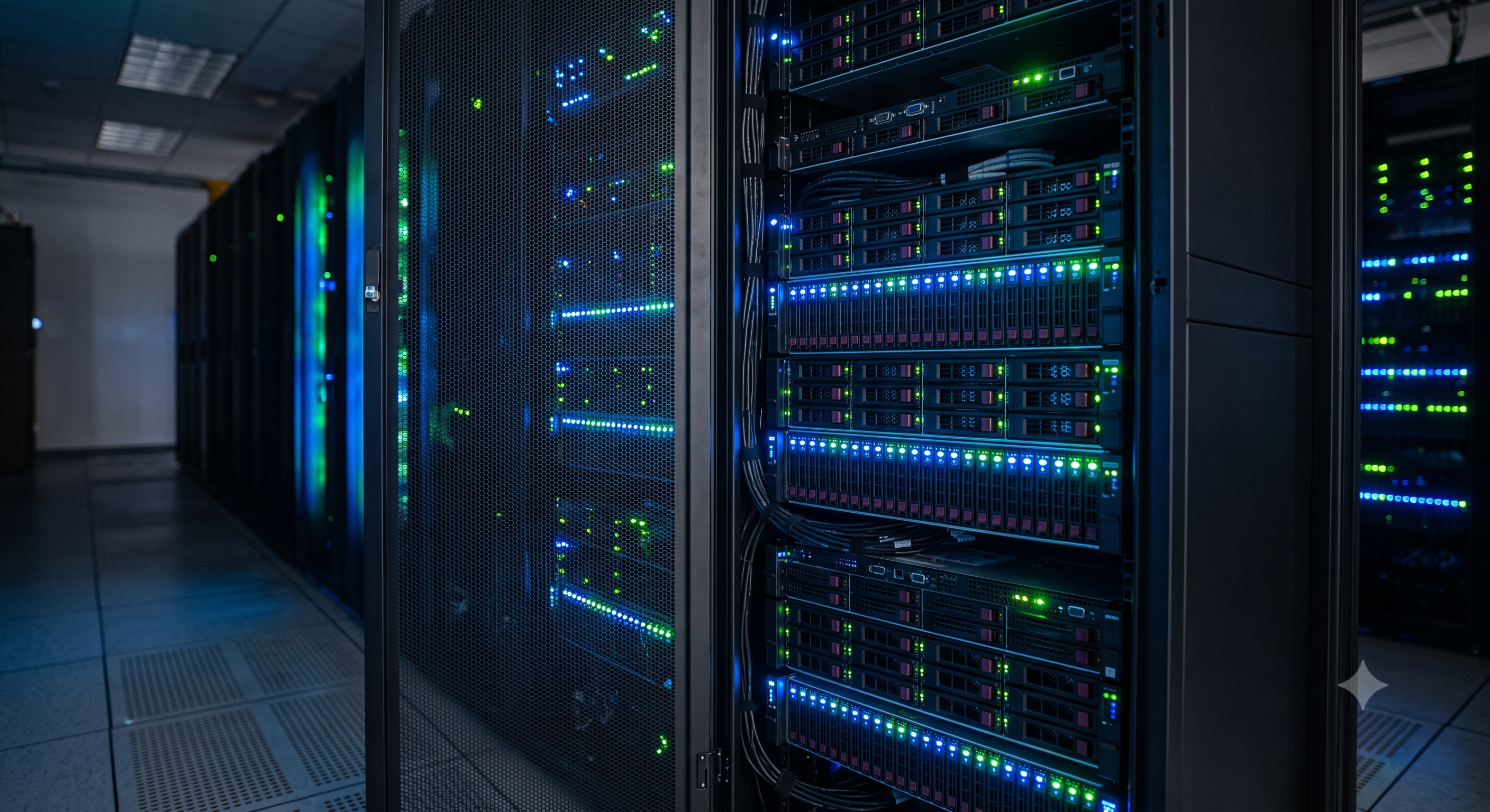Server rack in a modern data center with glowing blue and green NVMe storage indicators