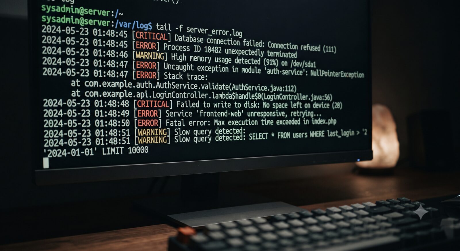 Terminal window showing scrolling server error logs