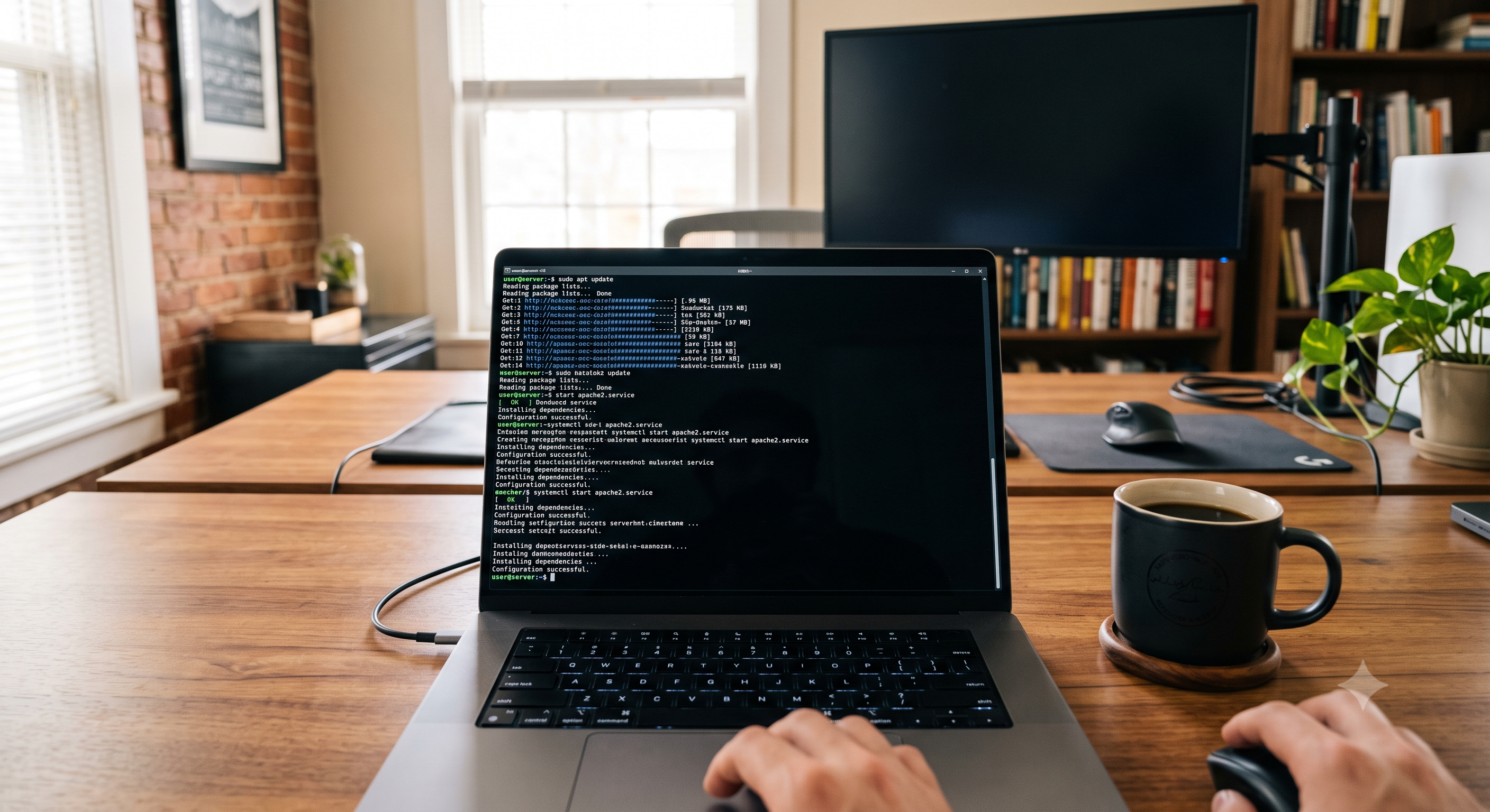 Laptop showing a terminal command-line interface at a home office desk