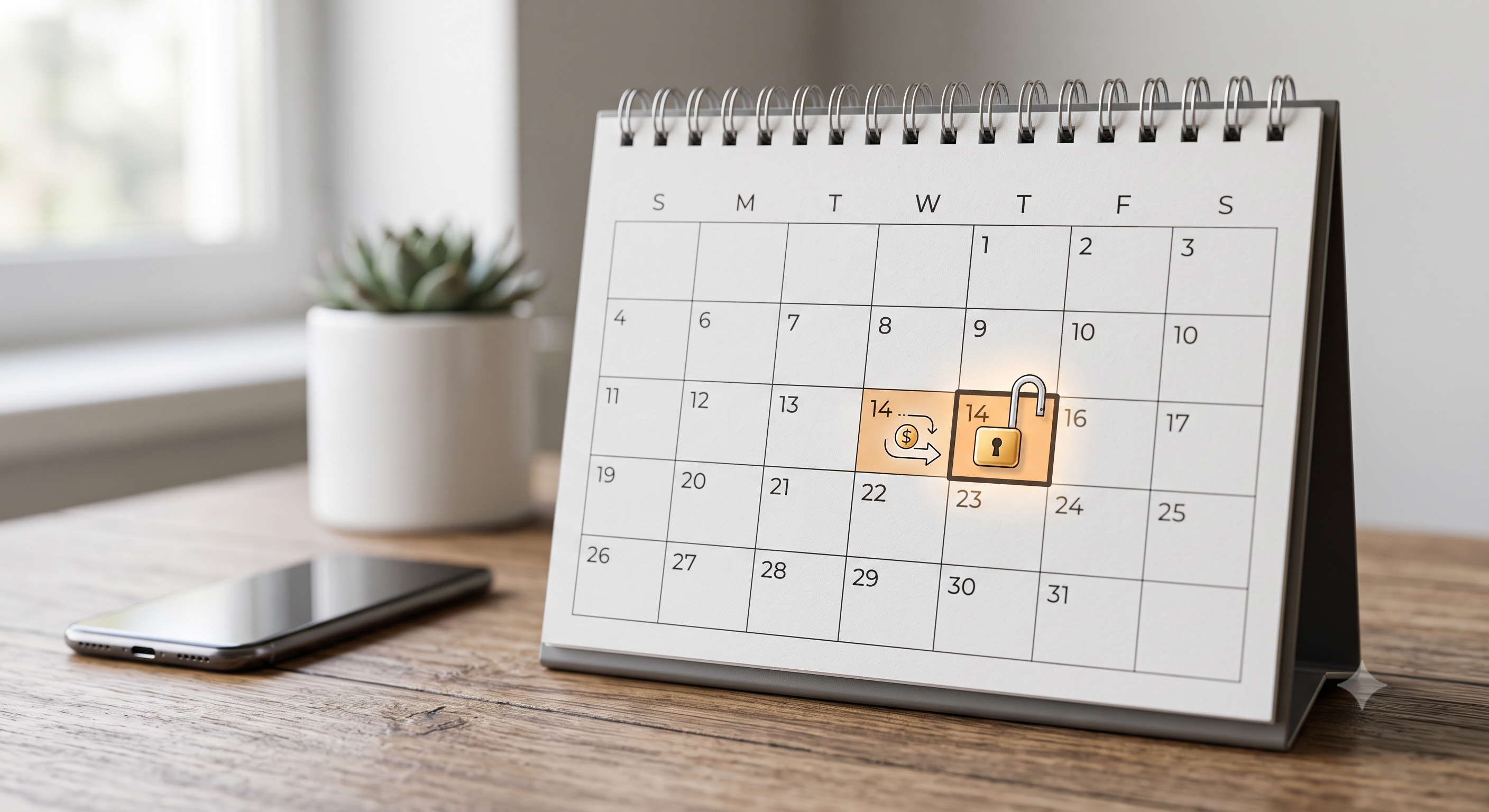 Calendar with a highlighted date and padlock icon representing transfer timing