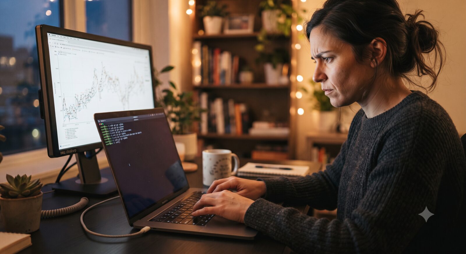 Person troubleshooting a server issue at a home office desk