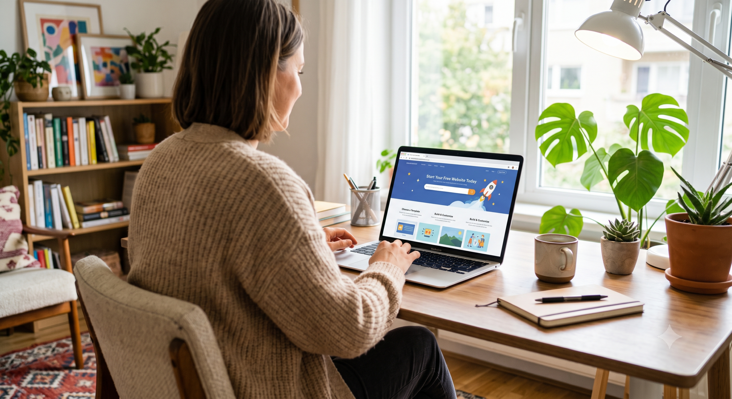 Person using a website builder with domain name search on a laptop at home