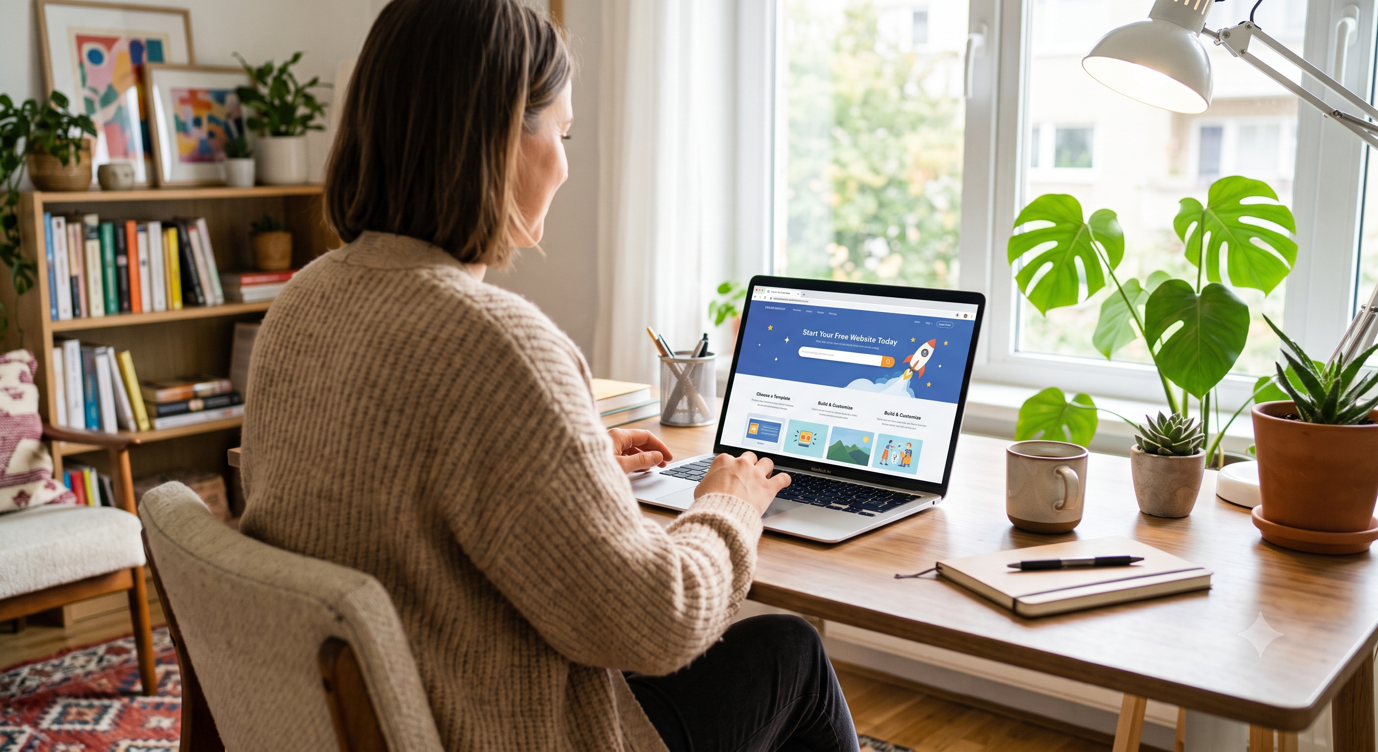 Person using a website builder with domain name search on a laptop at home