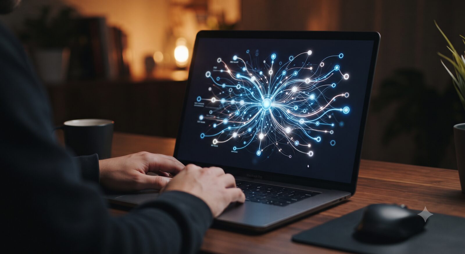 Laptop screen showing a glowing network diagram of connected nodes representing DNS records pointing to a server