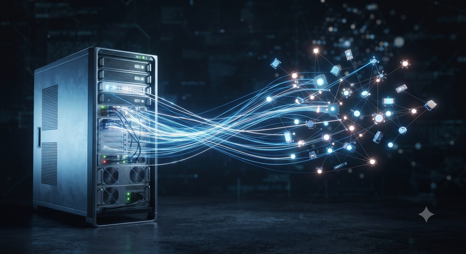 A glowing server tower connected by light trails to a cluster of smaller distributed nodes, representing dedicated versus distributed computing