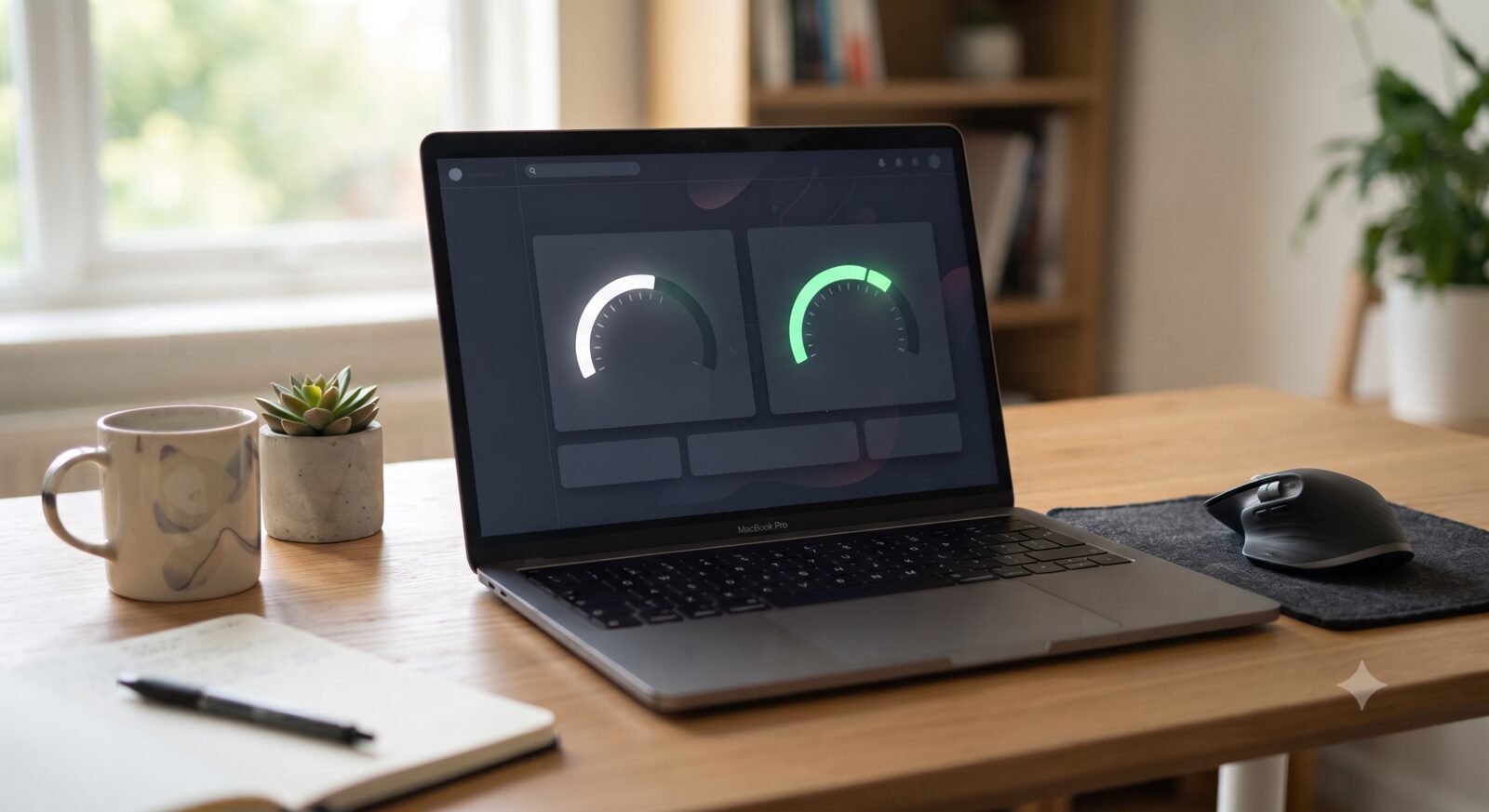 Laptop screen showing two glowing gauge dials representing CPU and memory usage at a moderate healthy level