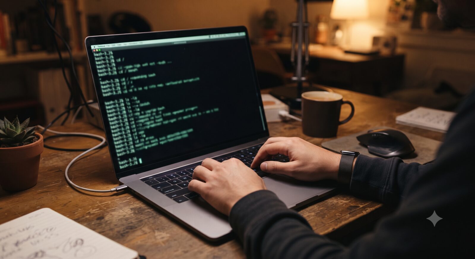 Hands typing on a laptop keyboard with a dark terminal window open showing command-line text
