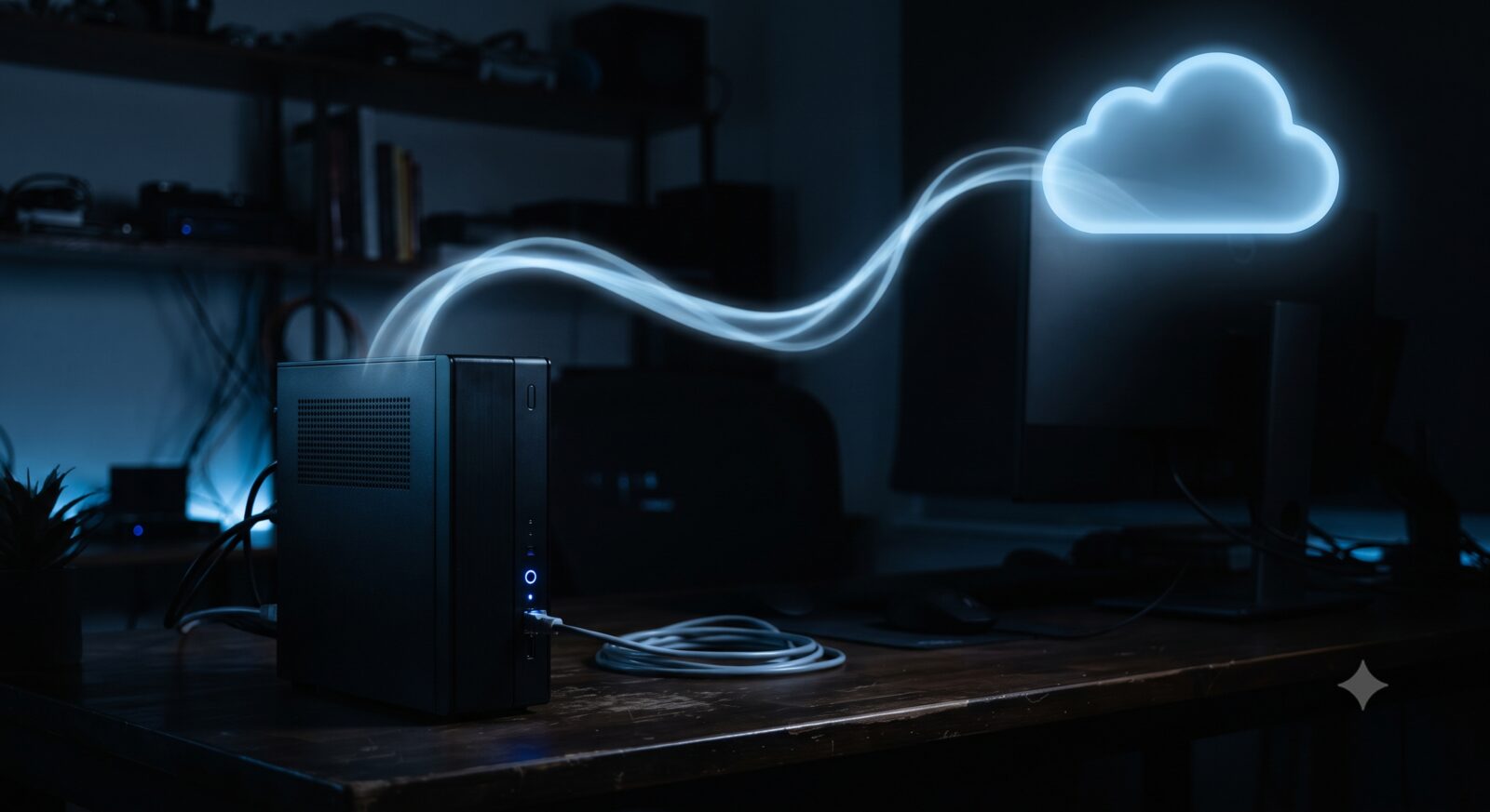 A glowing cloud icon connected by a light trail to a small server tower, representing an automated backup to offsite storage